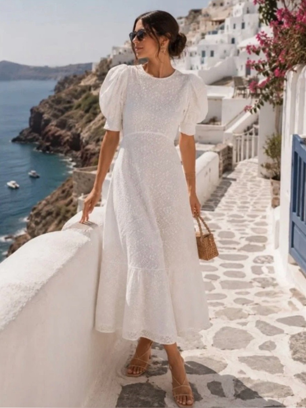 Ted Baker Eyelet Jenaay Puff Sleeve Midi Dress Sz 3 - W 8 100% cotton White